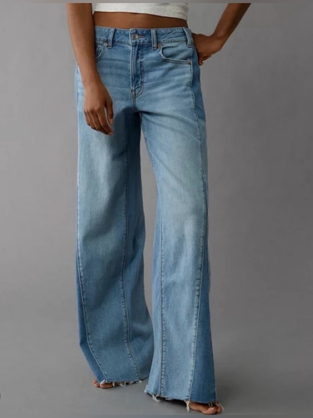 AE Dreamy Drape Stretch Patchwork Low Rise Baggy Wide Leg Jeans Size 8